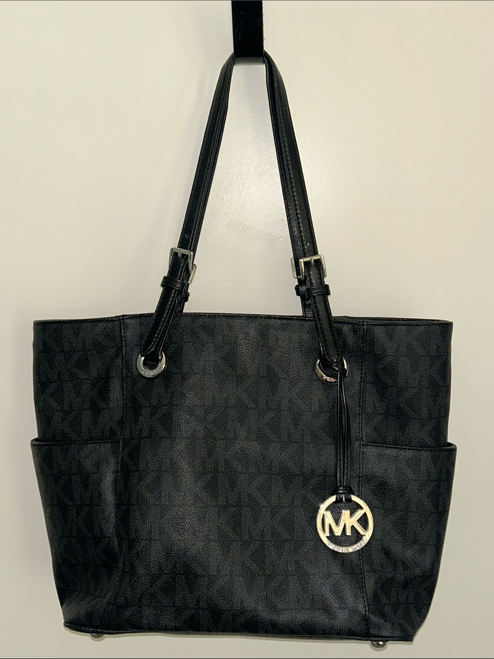 Michael Kors Black Monogram Tote with MK Charm